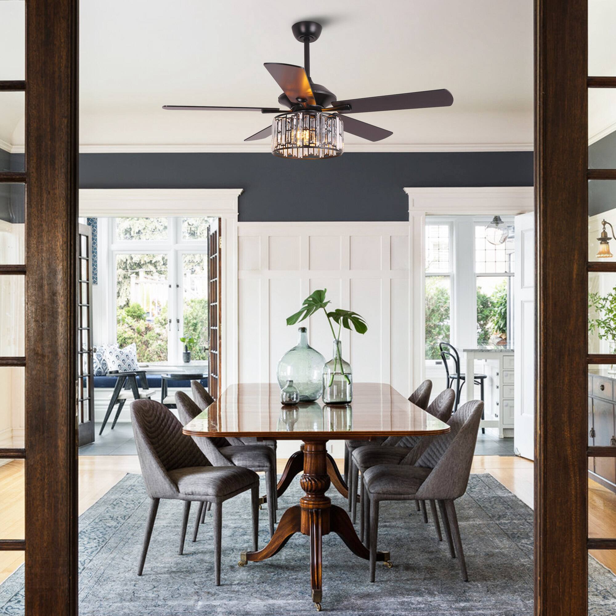 Back. Parrot Uncle - 52"Modern Crystal Chandelier Ceiling Fan with Light and Remote - Matte Black.