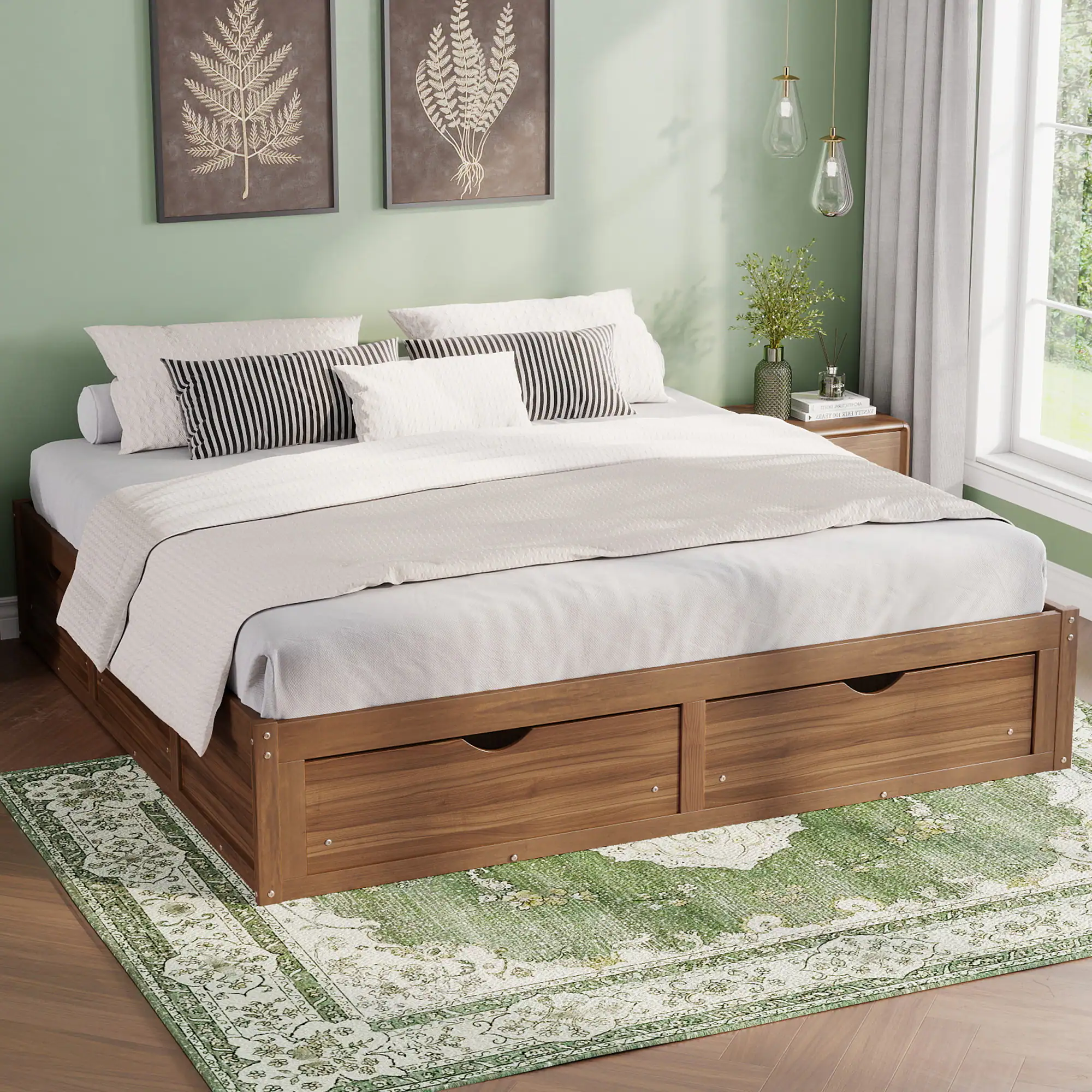 Angle. Whisen - Storage Platform Bed with 6 Spacious Pull-Out Drawers for Bedroom - Light Walnut.