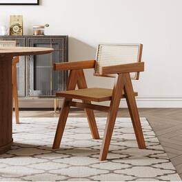 POVISON - Mid-Century Modern Solid Wood Rattan Dining Chairs Set of 2 Armchairs for Kitchen & Bedroom - Light Walnut & Khaki