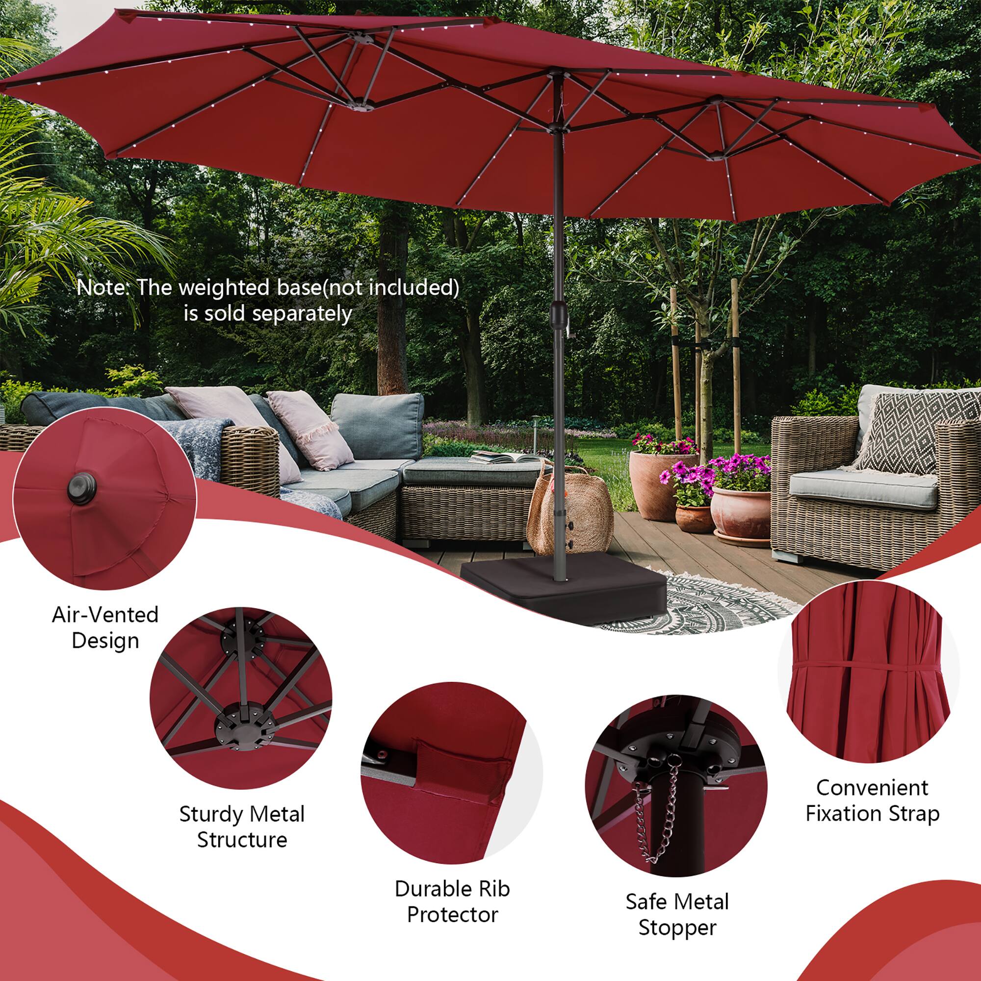 The image features a red umbrella, which is displayed in various positions and angles. The umbrella is shown in a relaxed position, a closed position, and a folded position. The umbrella is also shown in different sizes, including a small size and a large size. The image also includes a couch and a chair, both positioned under the umbrella. The umbrella is described as having a sturdy metal structure, an air-vented design, and a convenient fixation strap. Additionally, it is advertised as having a durable rib protector and a safe metal stopper.