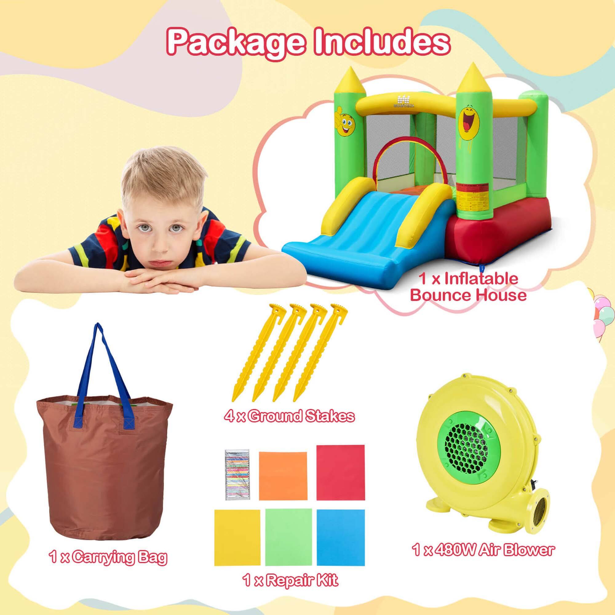 Package Includes

- 1 x Inflatable Bounce House
- 4 x Ground Stakes
- 1 x Carrying Bag
- 1 x Repair Kit
- 1 x 480W Air Blower