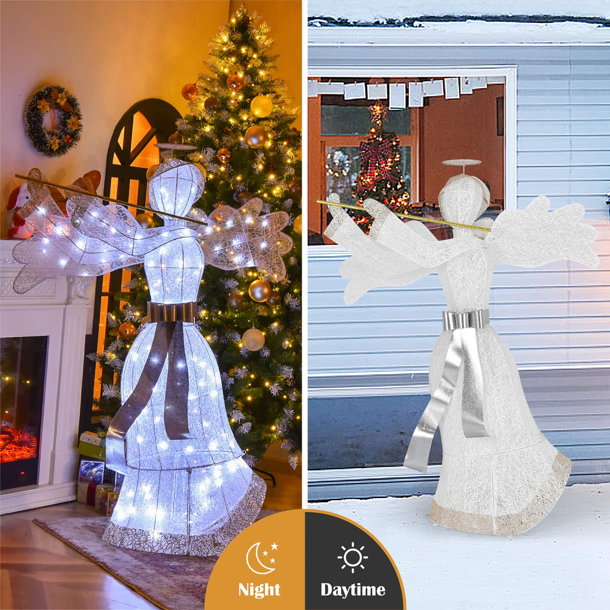 Night:
* A lit Christmas tree in the background.
* A lit angel statue.
* A lit Christmas tree in the background.
* A lit angel statue.
Daytime:
* A lit Christmas tree in the background.
* A lit angel statue.
* A lit Christmas tree in the background.
* A lit angel statue.