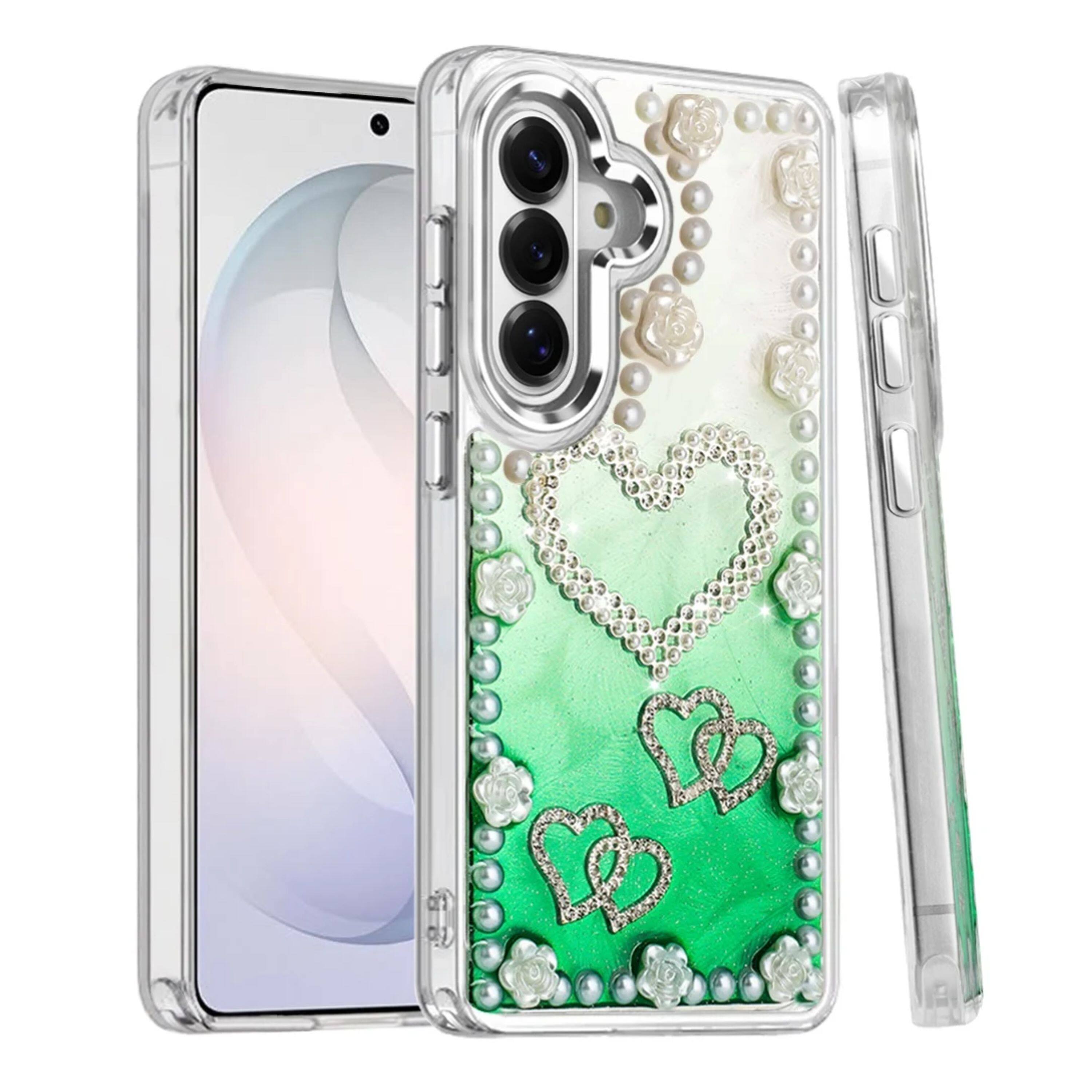Angle. Kitcheniva - Floral Faux Pearl Trim 3D Charms Phone Case With Tempered Glass For Samsung S26 Green White - Multicolor.