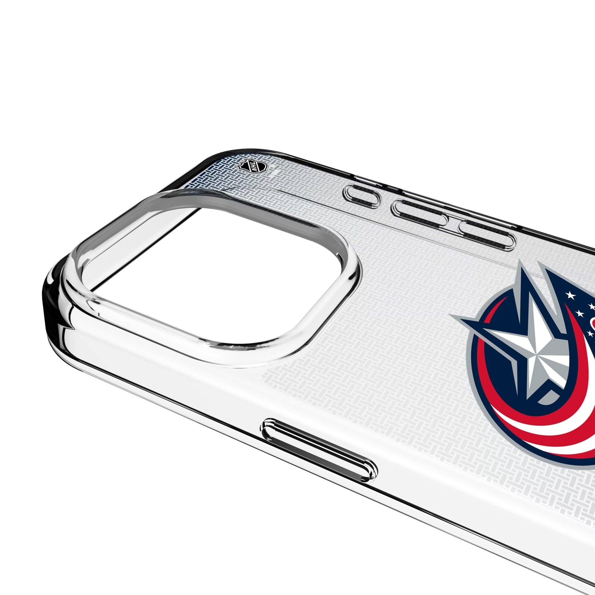 Alt View 2. Keyscaper - Columbus Blue Jackets Linen Logo iPhone Clear Case - 16e - Multicolor.
