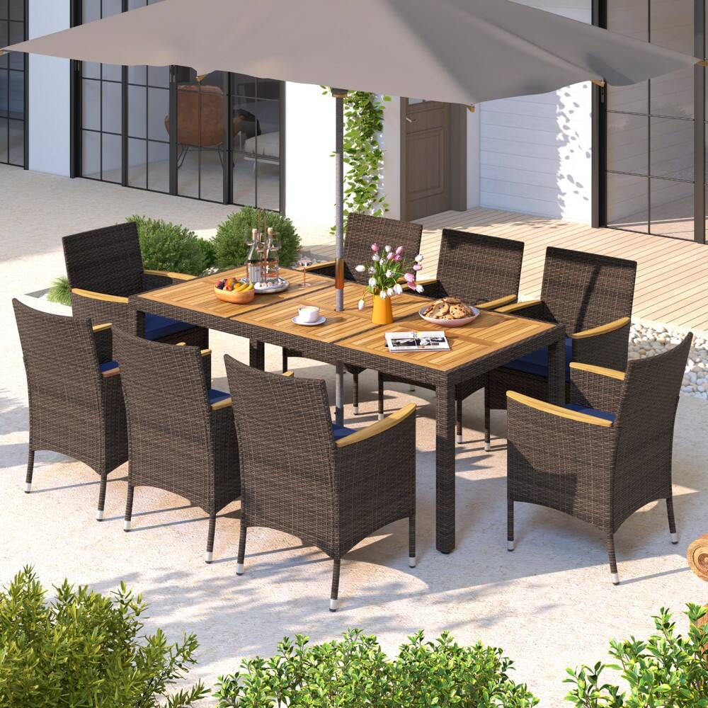 Left. Mondawe - 9 Piece Outdoor Dining Set with Acacia Wood Table Top - Navy.