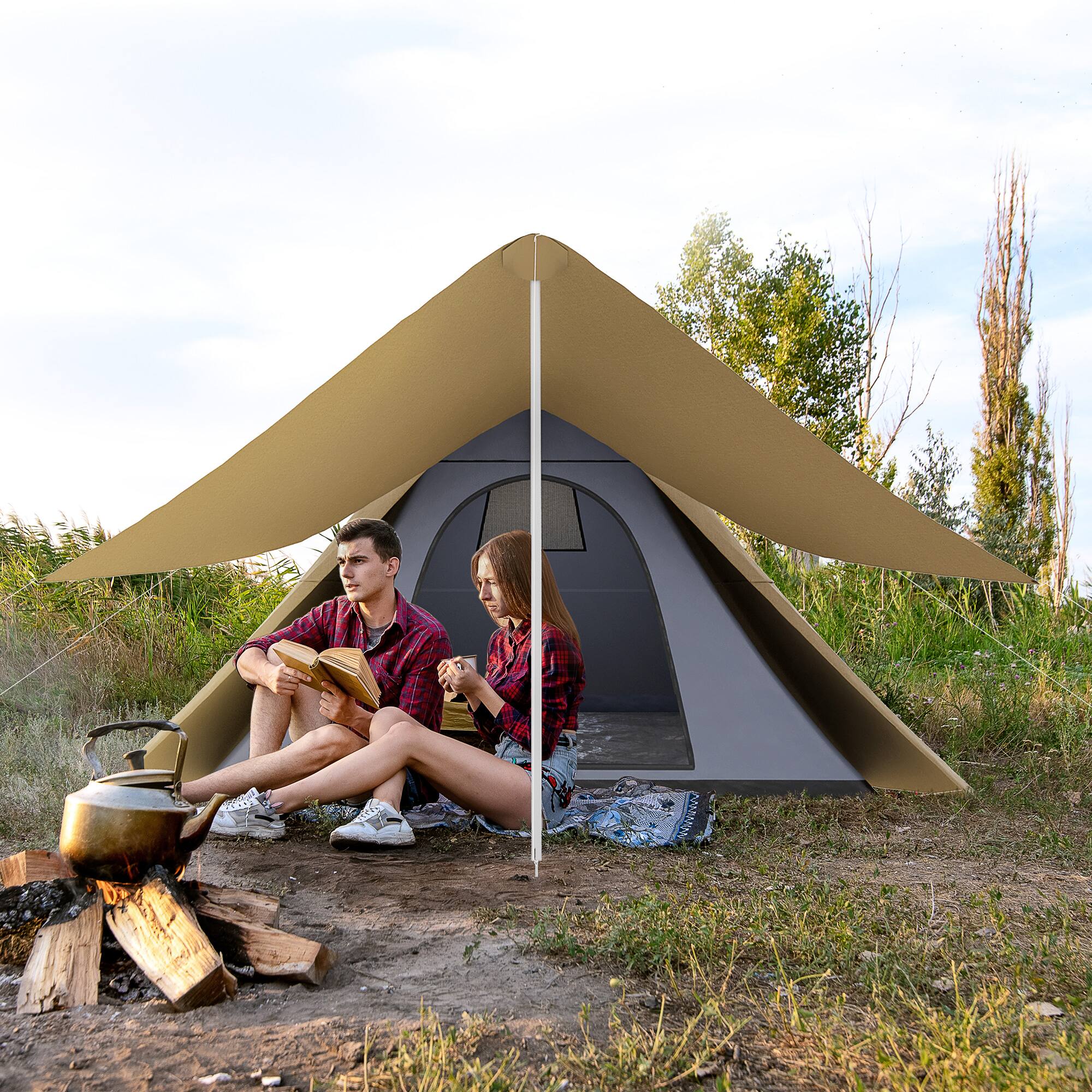 Alt View 1. Outsunny - 15.4' x 15.4' x 8.5' Teepee Tent, Waterproof Camping Tent for 2-3 Person, Floor and Carry Bag with Porch Area - Coffee.