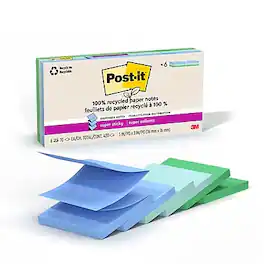 Post-it - Oasis Recycled Pop-up Super Sticky Notes, 3" x 3", Oasis Collection, 70 Sheets/Pad, 6 Pads/Pack - Assorted