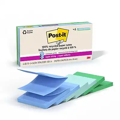 Post-it
6 x 70 paper notes
100% recycled paper notes
100% feuillets de papier recyclé
super sticky
super collants
420 EA/CH
3M