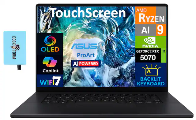 - DOCK TORM
- TouchScreen
- AMD Ryzen AI 9
- ASUS ProArt
- OLED
- NVIDIA GEFORCE RTX 5070
- AI POWERED Copilot
- WiFi 7
- BACKLIT KEYBOARD