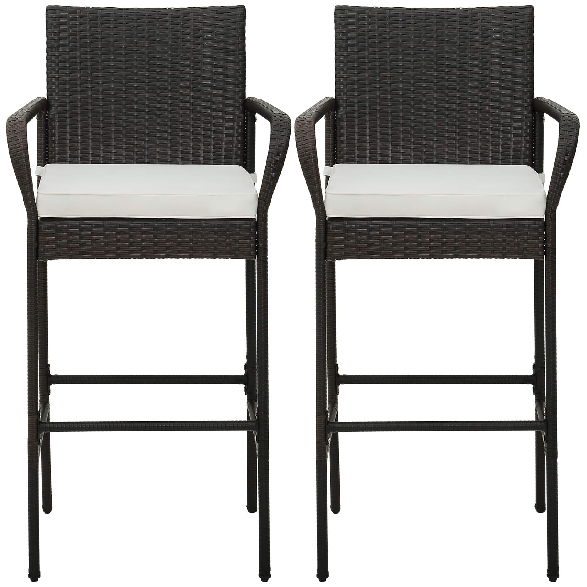 Gymax - Set of 2 Wicker Bar Stools Set Outdoor High Back Bar Counter Chairs w/ Cushions - Off White