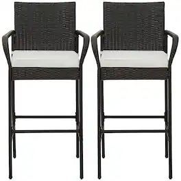 Gymax - Set of 2 Wicker Bar Stools Set Outdoor High Back Bar Counter Chairs w/ Cushions - Off White