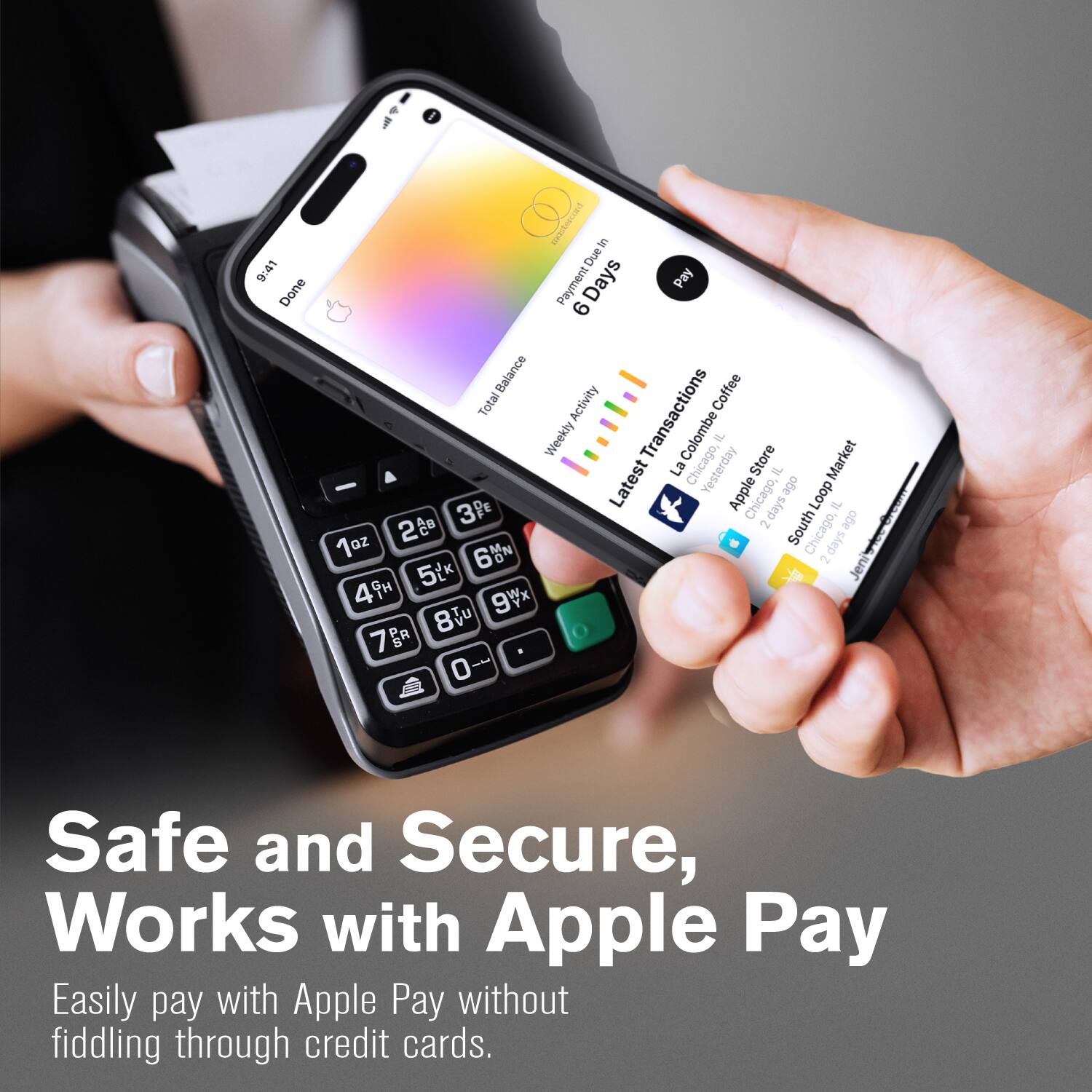 I 9:41 Done Payment Duein Pay 6 Balance Coffee Total Activity Transactions Weekly Colombe IL Store Market - Latest La Chicago, Yesterday IL e 3PE Apple Chicago, days Loop IL 2 2 South e 1oz 60N Chicago, siep 2 5tk Jeni 49H 9Wx 8 7BR o Safe and Secure, Works with Apple Pay Easily pay with Apple Pay without fiddling through credit cards.
