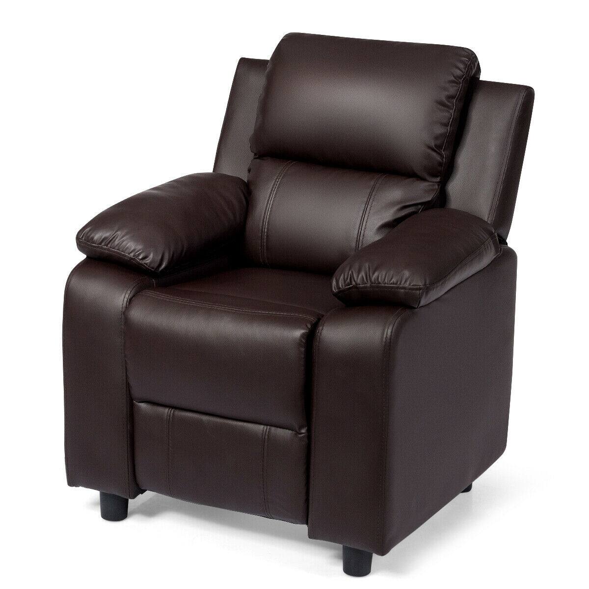 Alt View 8. Gymax - Gymax Deluxe Padded Kids Sofa Armchair Recliner Headrest Children w/ Storage Arm Brown - Brown.