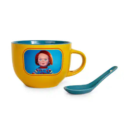 Front. Silver Buffalo - Child's Play Chucky "Good Guys" Ceramic Soup Mug With Spoon | Holds 24 Ounces - Yellow.