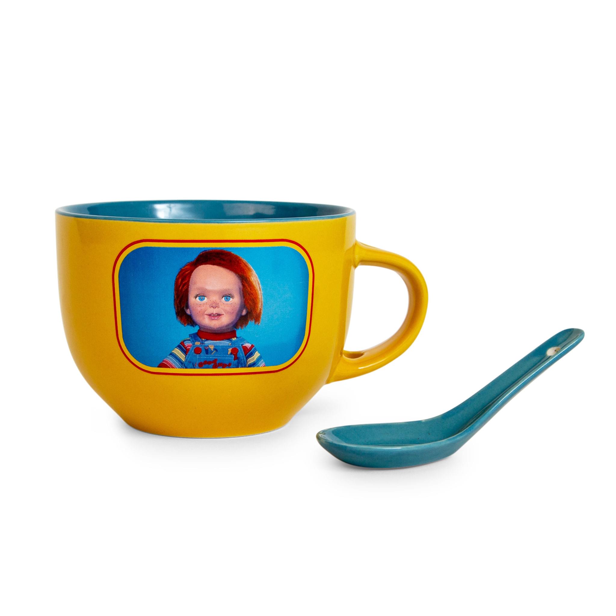 Front. Silver Buffalo - Child's Play Chucky "Good Guys" Ceramic Soup Mug With Spoon | Holds 24 Ounces - Yellow.