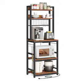 Songmics Home - Hutch Bakers Rack with Power Outlet, 14 Hooks Microwave Stand, Adjustable Coffee Bar with Metal Wire Panel - Rustic Brown and Black