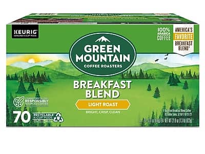 KEURIG GENUINE K-CUP PODS

GREEN MOUNTAIN COFFEE ROASTERS

100% ARABICA COFFEE

AMERICA'S FAVORITE BREAKFAST BLEND

BREAKFAST BLEND

LIGHT ROAST

BRIGHT, CRISP, CLEAN

RESPONSIBLY SOURCED

70 K-CUP PODS

RECYCLABLE

COMMITTED TO 100% RESPONSIBLY SOURCED COFFEE