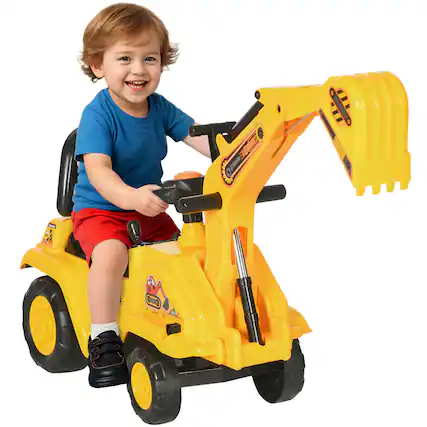 Front. Homcom - Ride On Excavator Pull Cart, Horn, Under Seat Storage, Sit and Scoot, Pretend Play, Ages 18-48 Months.