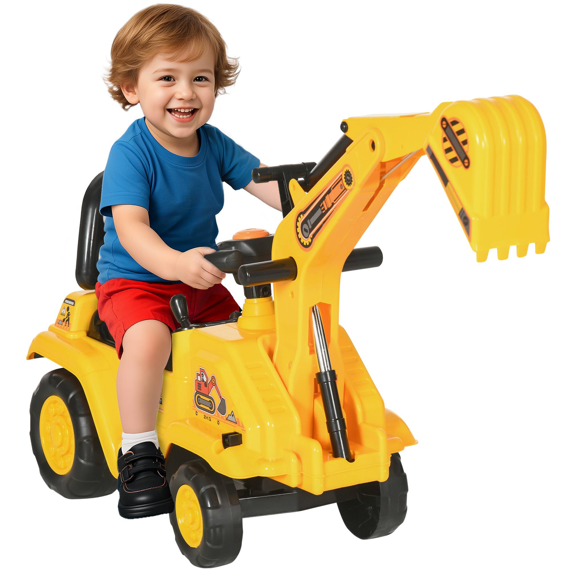 Homcom - Ride On Excavator Pull Cart, Horn, Under Seat Storage, Sit and Scoot, Pretend Play, Ages 18-48 Months