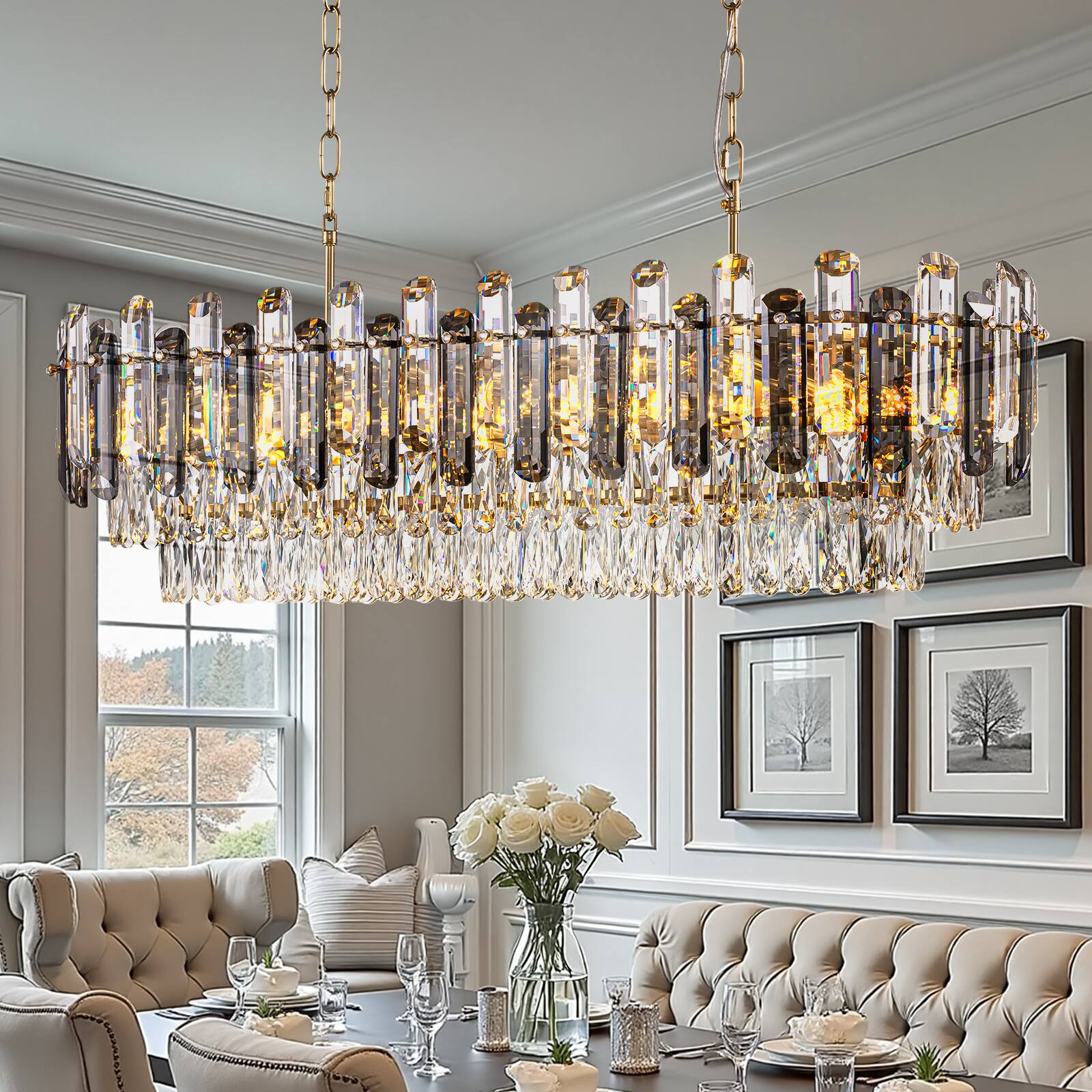 Angle. Siljoy - 39.4" 15-Light Luxury Linear Crystal Island Chandelier Antique Gold Brass Adjustable Ceiling Light for Bedroom Foyer - Gold.