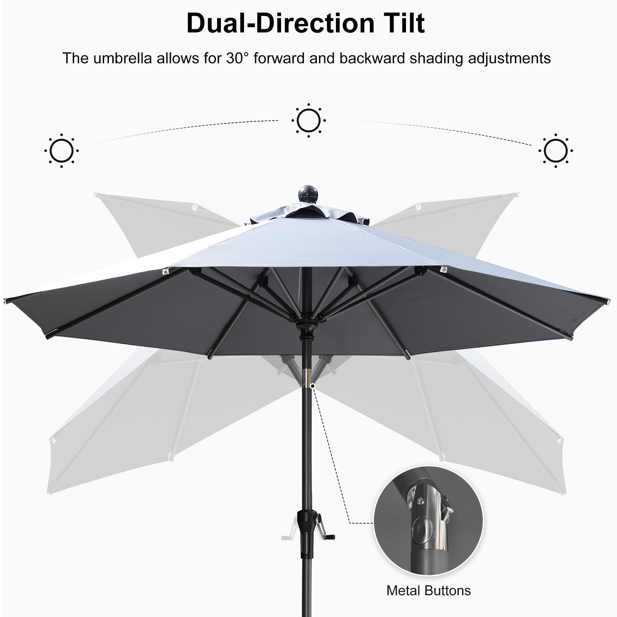 Dual-Direction Tilt  
The umbrella allows for 30° forward and backward shading adjustments  
Metal Buttons