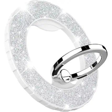 Front. PARKER SLATER - MagSafe Magnetic Phone Ring Holder with Glitter Grip & Adjustable Kickstand – Silver - Glitter Silver.