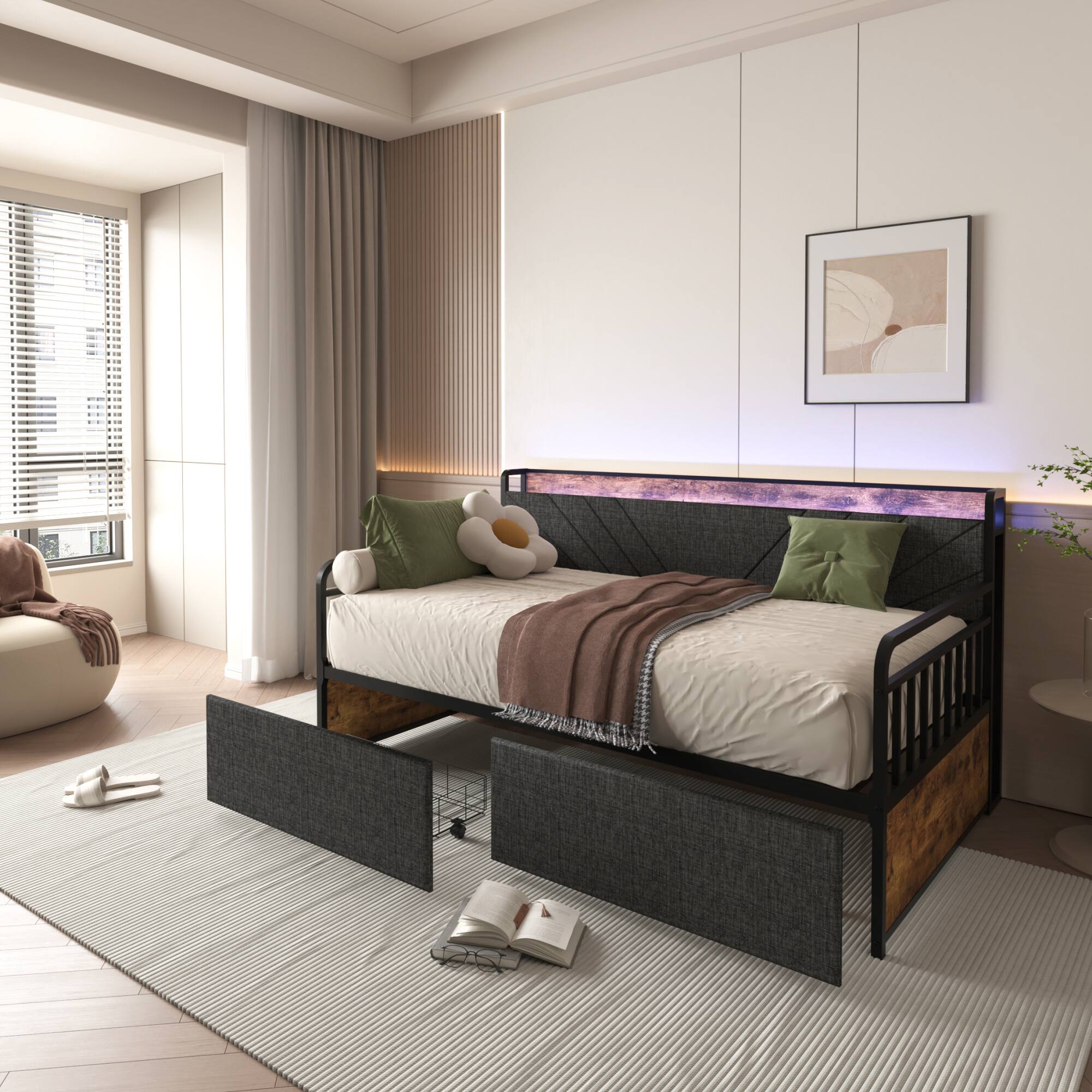 Back. GOODSILO - Modern Twin Daybed with Upholstered Headboard, Built-in Charging Station, Storage Drawers, and RGB LED Lighting - Black+Brown+Grey.