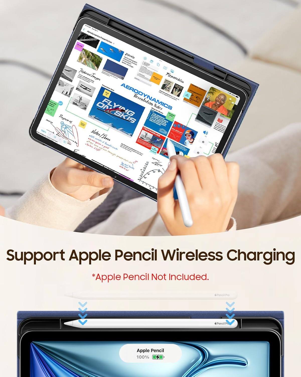 Sure, here is the corrected and grouped text:

---

**Aerodynamics Presentation**

- **Visuals**
  - Historical Trages Memorabilia
  - Flying Aerodynamics

- **Presentation Notes**
  - Flagronal
  - SKIS

- **Notes/Themes**
  - Program of Pencil Pro
  - Apple Pencil 100%

---

**Support Apple Pencil Wireless Charging**

*Apple Pencil Not Included.