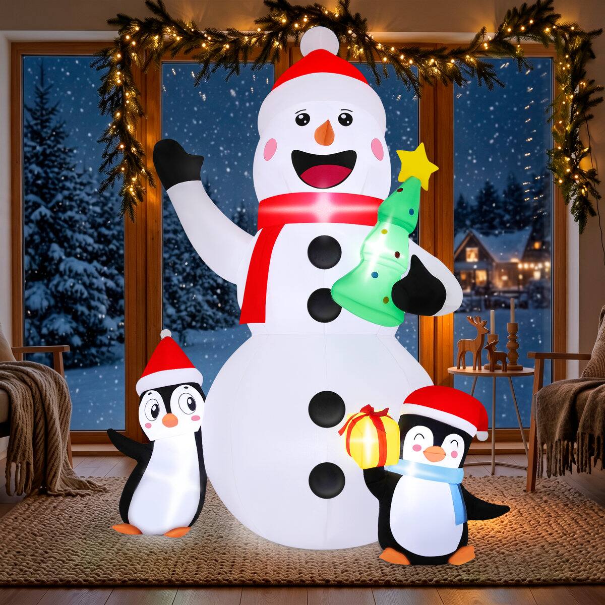 Alt View 4. Wisairt - 6FT Christmas Inflatable Snowman and Penguin Outdoor Yard Decoration with Built-in LED lihgts, 10s Fast Blow-up - Green|White|Red.