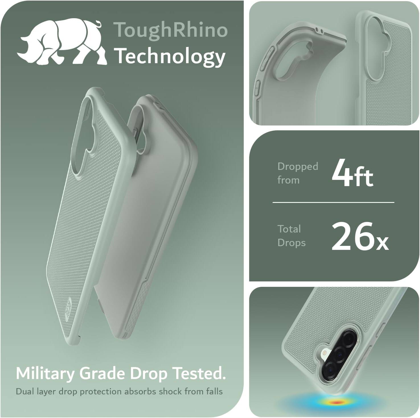 ToughRhino Technology

Dropped from 4ft  
Total Drops 26x

Military Grade Drop Tested.  
Dual layer drop protection absorbs shock from falls