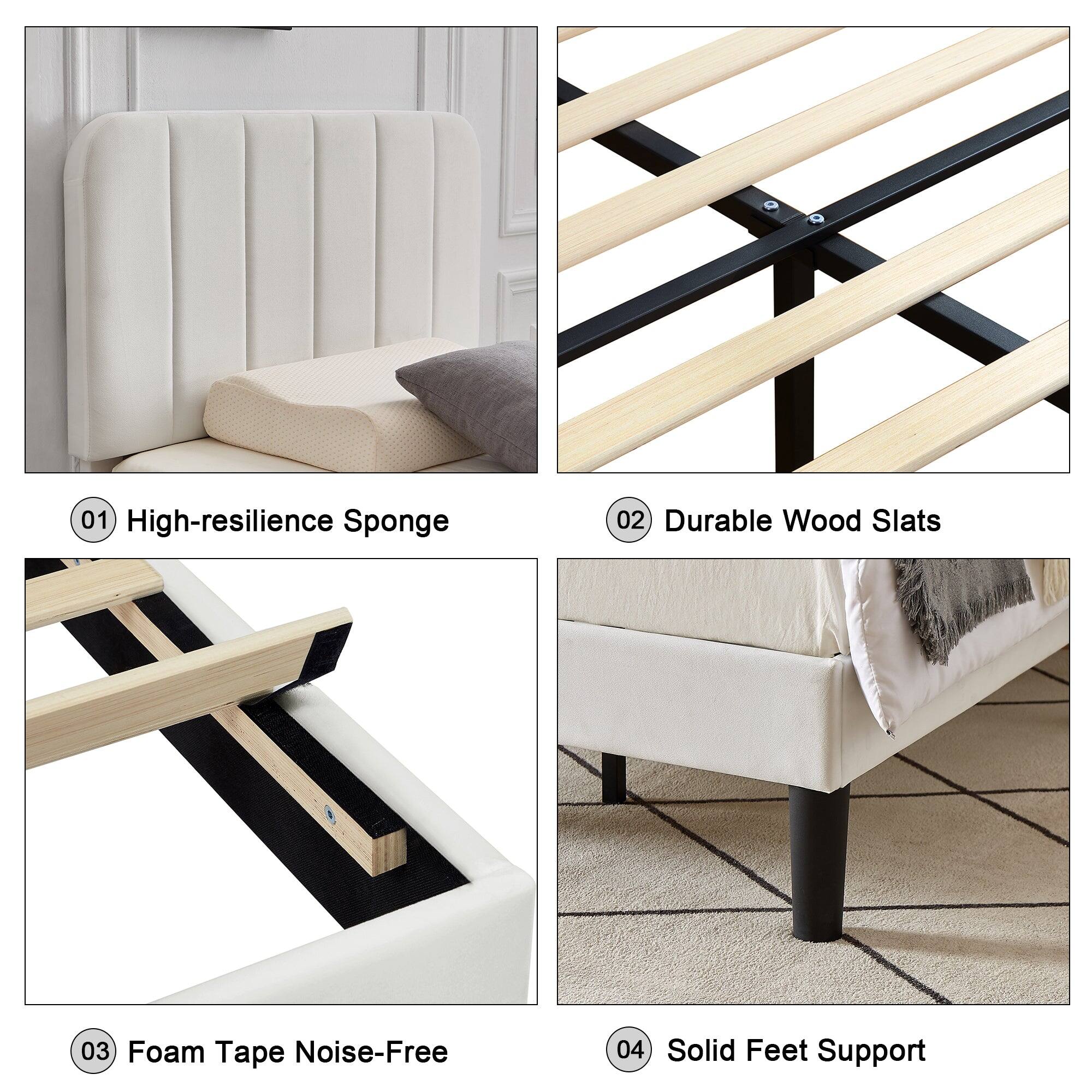 01 High-resilience Sponge  
02 Durable Wood Slats  
03 Foam Tape Noise-Free  
04 Solid Feet Support