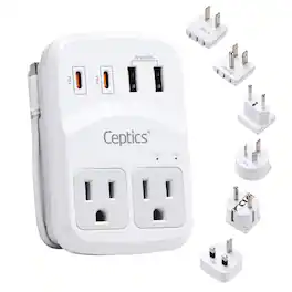 Ceptics - World-Way 6 Travel Adapter Kit | 2 USB-A + 2USB-C + 2 US Outlets - Grounded (WPS-5B) - White