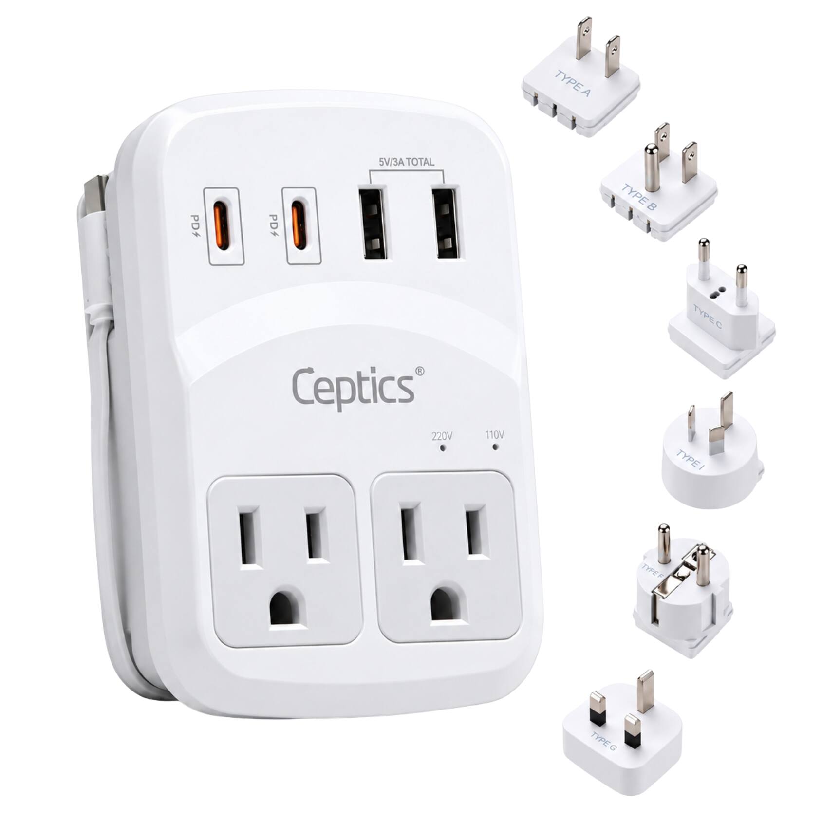 TYPE A  
PDf  
PDf  
5V/3A TOTAL  
TYPE B  
Ceptics 220V  
110V  
TYPE C TYPE I  
TYPE G