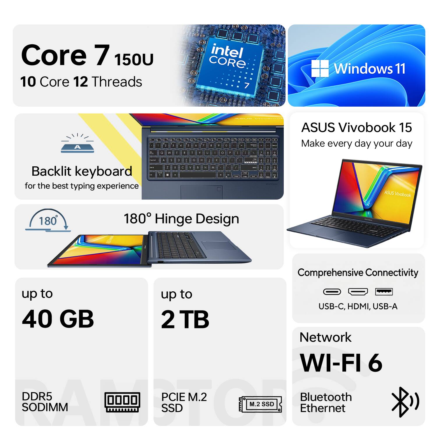 Core 7 150U  
10 Core 12 Threads  
Intel Core 7  
Windows 11  

ASUS Vivobook 15  
Make every day your day  

Backlit keyboard for the best typing experience  

180° Hinge Design  

Comprehensive Connectivity  
USB-C, HDMI, USB-A  

Network  
WI-FI 6  
Bluetooth  
Ethernet  

up to 40 GB  
up to 2 TB  

DDR5 SODIMM  
PCIe M.2 SSD