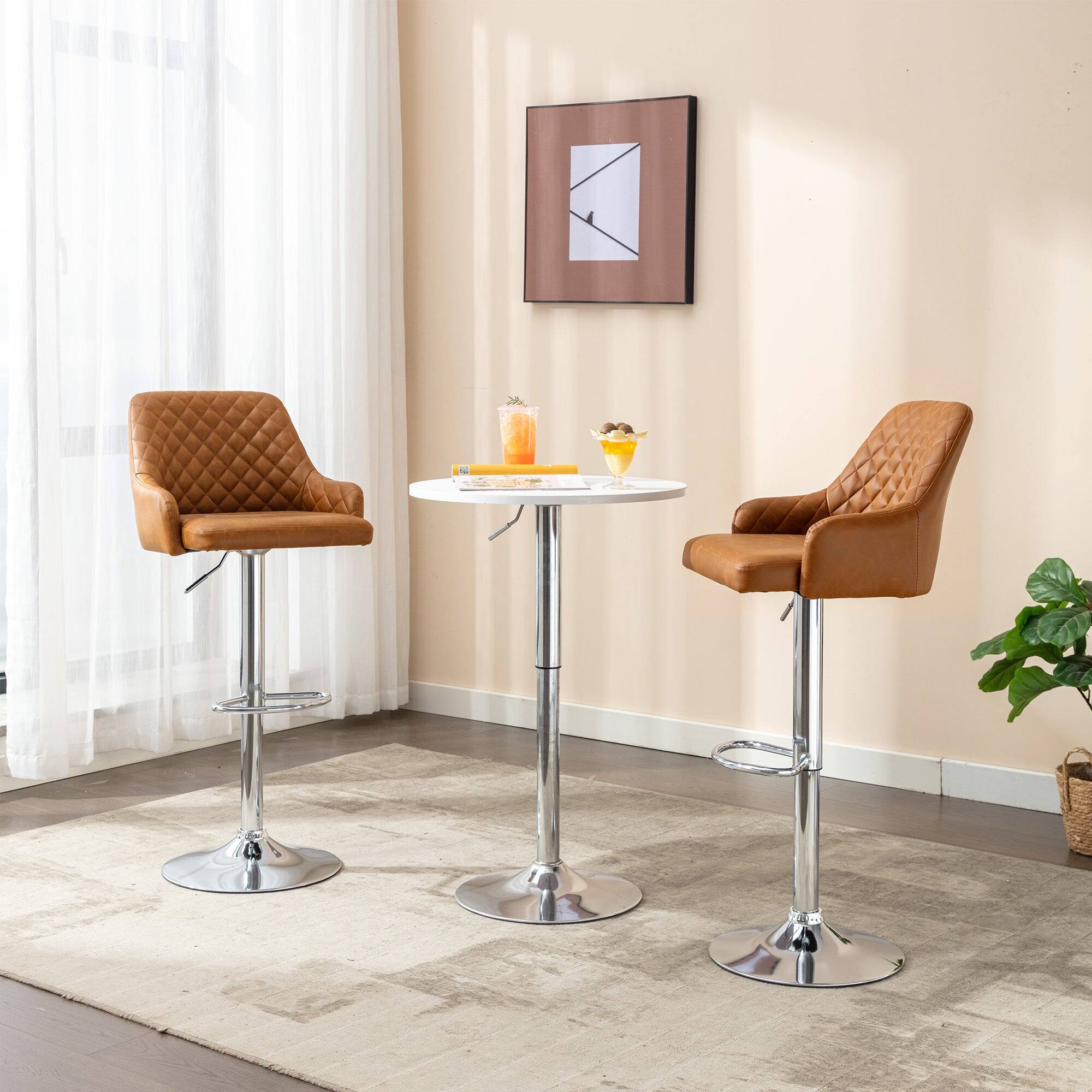 Alt View 3. Vecelo - Set of 2 PU Leather Bar Stools - Adjustable Height Seats, 330lb Capacity, 360° Rotation - Brown.