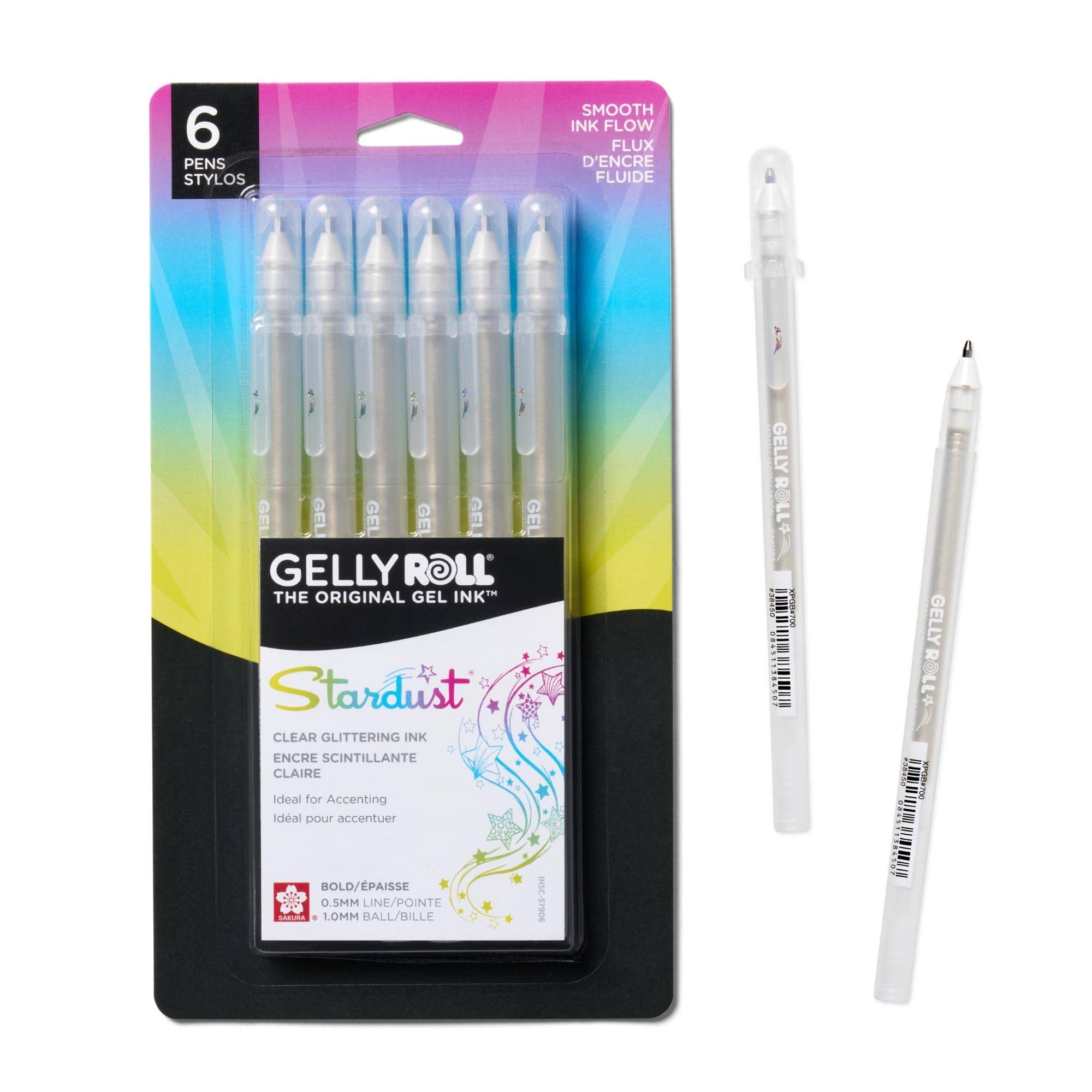 6 PENS STYLOS  
SMOOTH INK FLOW FLUX D'ENCRE FLUIDE  
GELLY ROLL' THE ORIGINAL GEL INK Stardust CLEAR GLITTERING INK ENCRE SCINTILLANTE CLAIRE  
Ideal for Accenting Ideal pour accentuer  
BOLD/ÉPAISSE 0.5MM LINE/POINTE SAKURA 1.0MM BALL/BILLE  
INSC-57906  
GELLY ROLL 36450 DEDIDOLIDAD XPOB700 0843 IIIIIIII 84507 IIIIIIIIIIIIIIIIIIIIIIIIIIIIIIII  
GELLY ROLL 7 236358 00.010.00 XPGB#700 ORG RIIIIII 384587