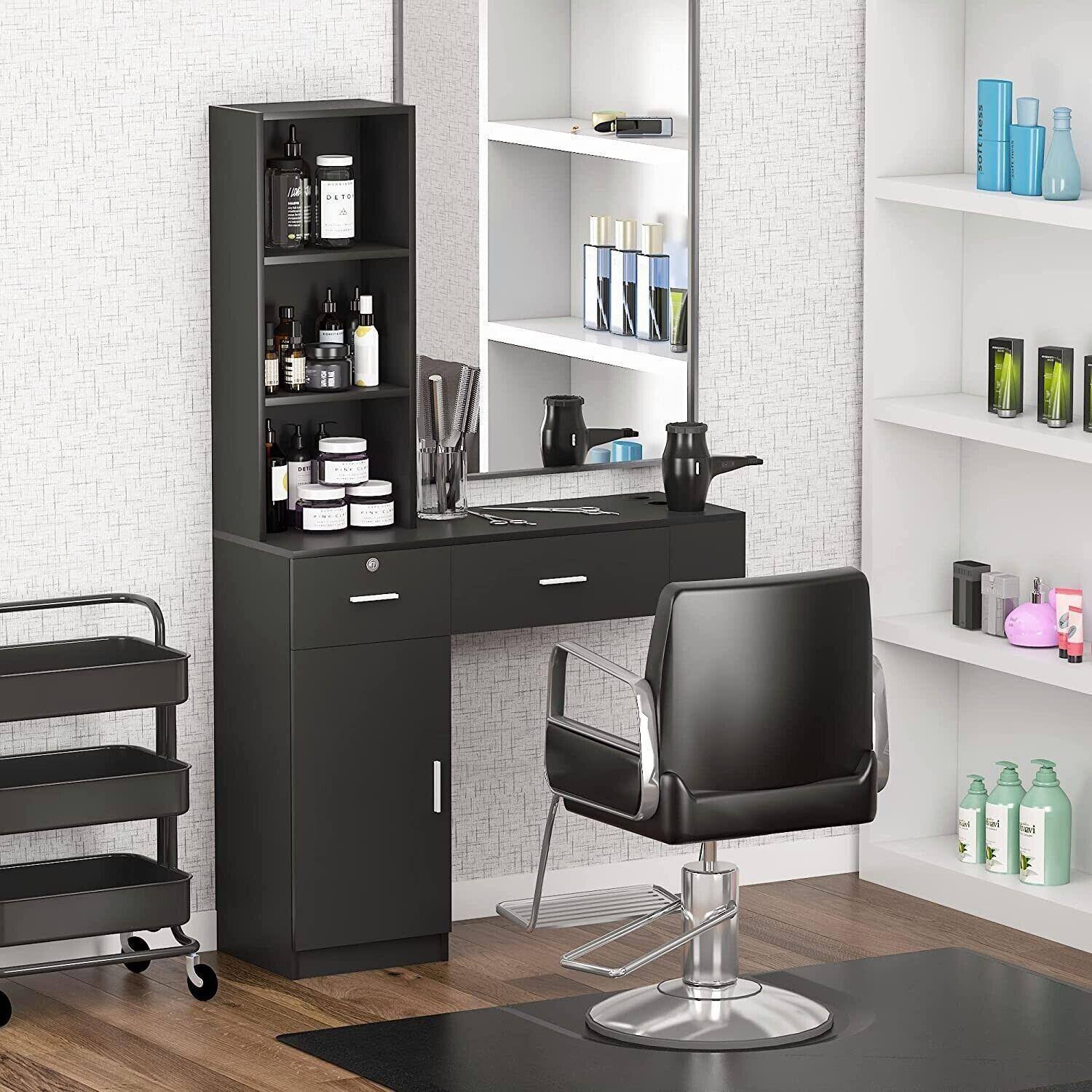 Back. Winado - Wall Mount Hair Salon Beauty Salon Stations with Storage Cabinet , Lockable Drawers, Hair Dryer Holders, 3 Tier Shelf - Black.