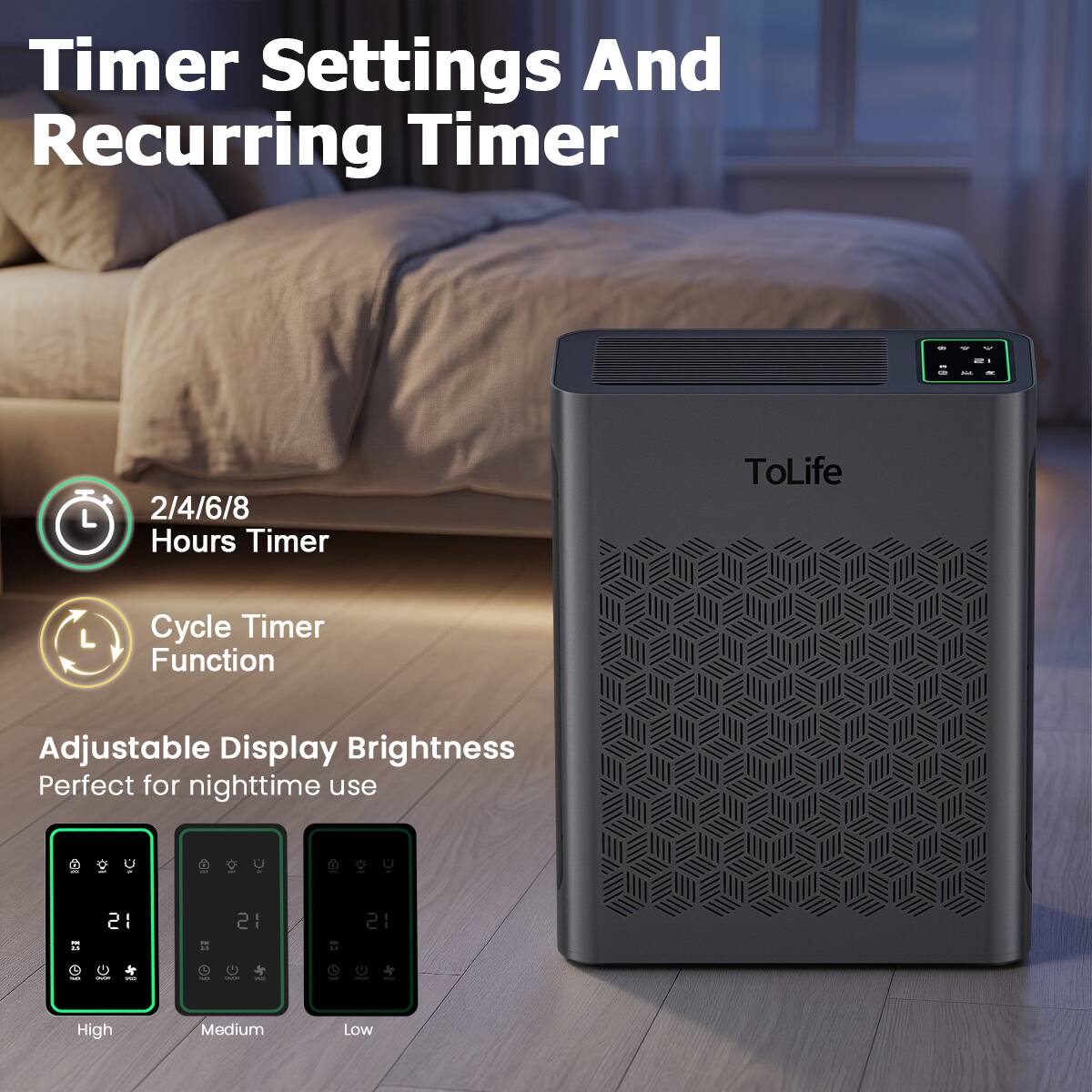Timer Settings And Recurring Timer

2/4/6/8 Hours Timer

Cycle Timer Function

Adjustable Display Brightness Perfect for nighttime use

High
Medium
Low