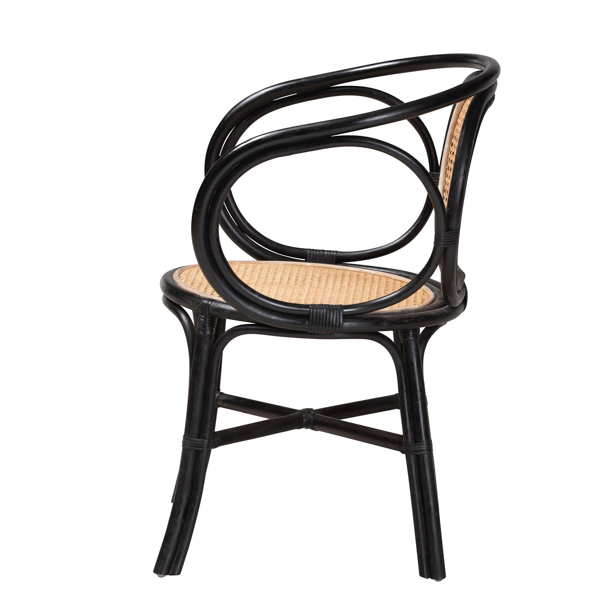 Left. bali & pari - Palesa Modern Bohemian Two-Tone and  Rattan Dining Chair - Black/Natural Brown.