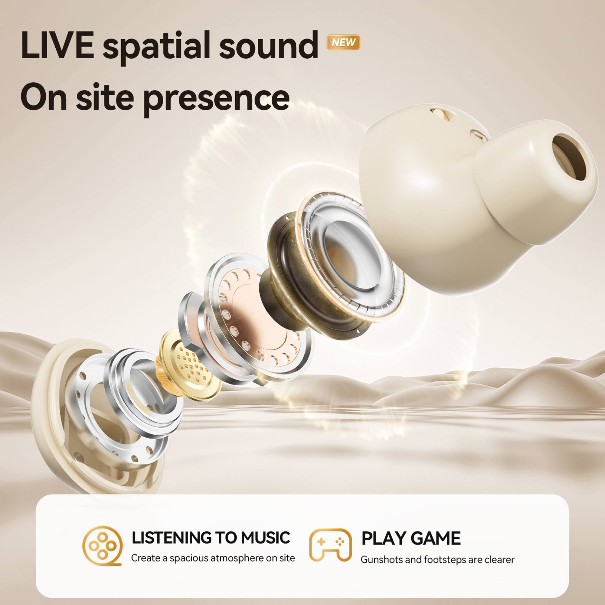 LIVE spatial sound  
On site presence  

LISTENING TO MUSIC  
Create a spacious atmosphere on site  

PLAY GAME  
Gunshots and footsteps are clearer