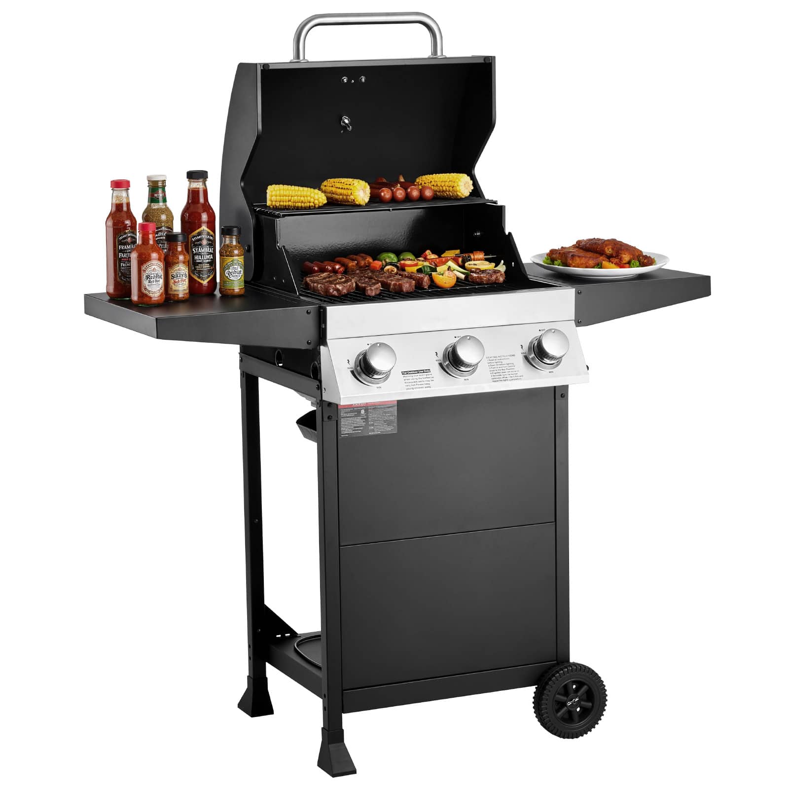 VEVOR - Gas Grill, 3 Burner Propane Gas Grill with Spacious 338 SQ.In Grilling Area, Carbon Steel Enamel Grates - Black