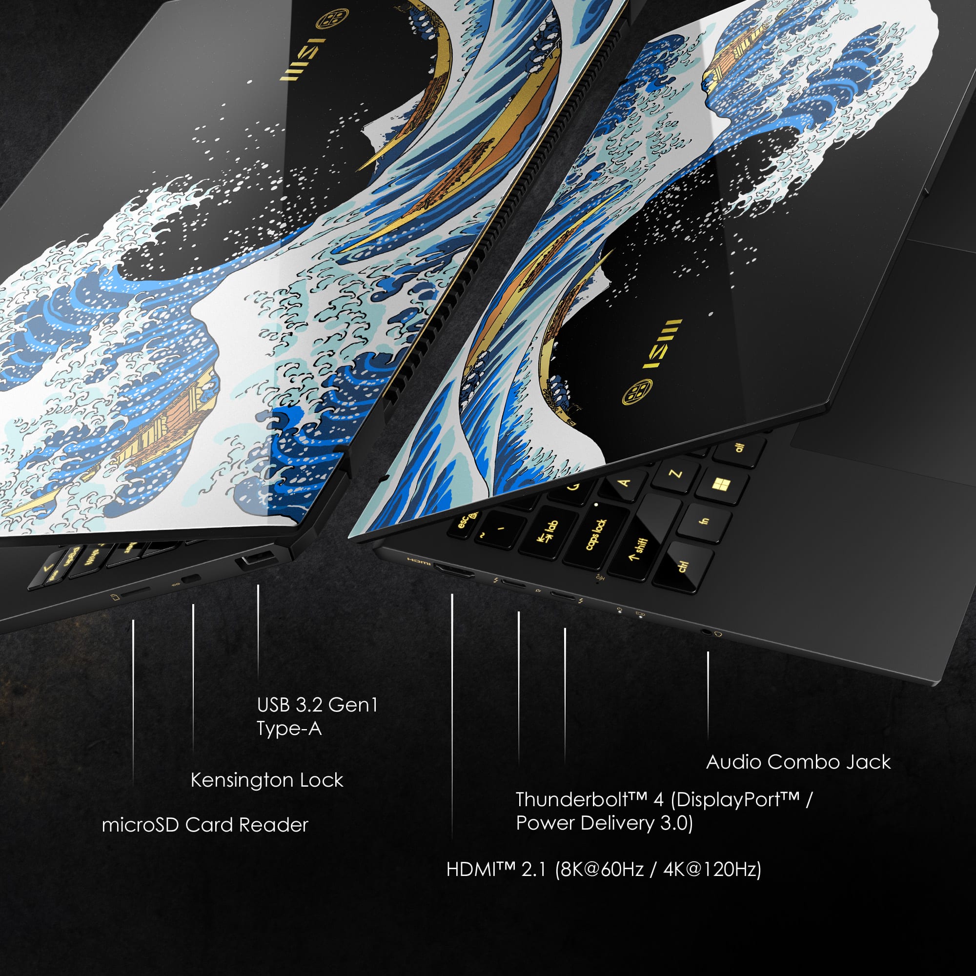 CEP ISIII HS: A P-2 | 1 i lob AT I p +- 1 - . USB 3.2 Gen1 Type-A Kensington Lock microSD Card Reader Audio Combo Jack Thunderbolt™ 4 (DisplayPort™ / Power Delivery 3.0) HDMI™ 2.1 (8K@60Hz / 4K@120Hz)