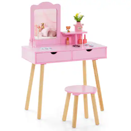 Front. Costway - Costway Kid Vanity Table Chair Set with Mirror Large Storage Drawers Wooden Legs - Pink.
