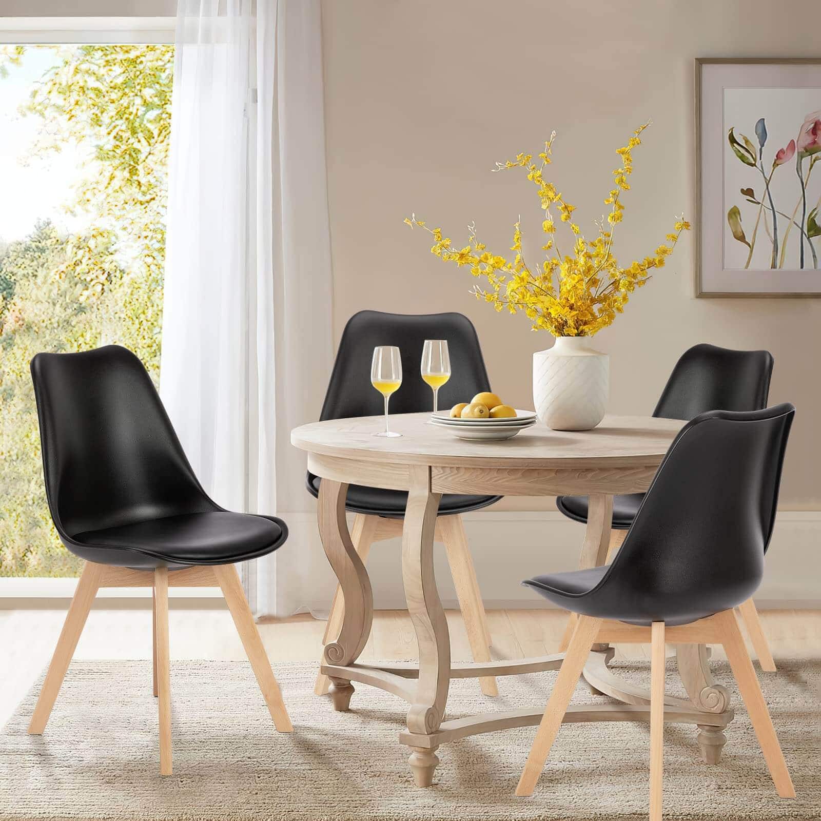 Bestier - PU Leather Upholstered Dining Chairs with Wood Legs, Set of 4 for Kitchen, Dining, Living Room - Black