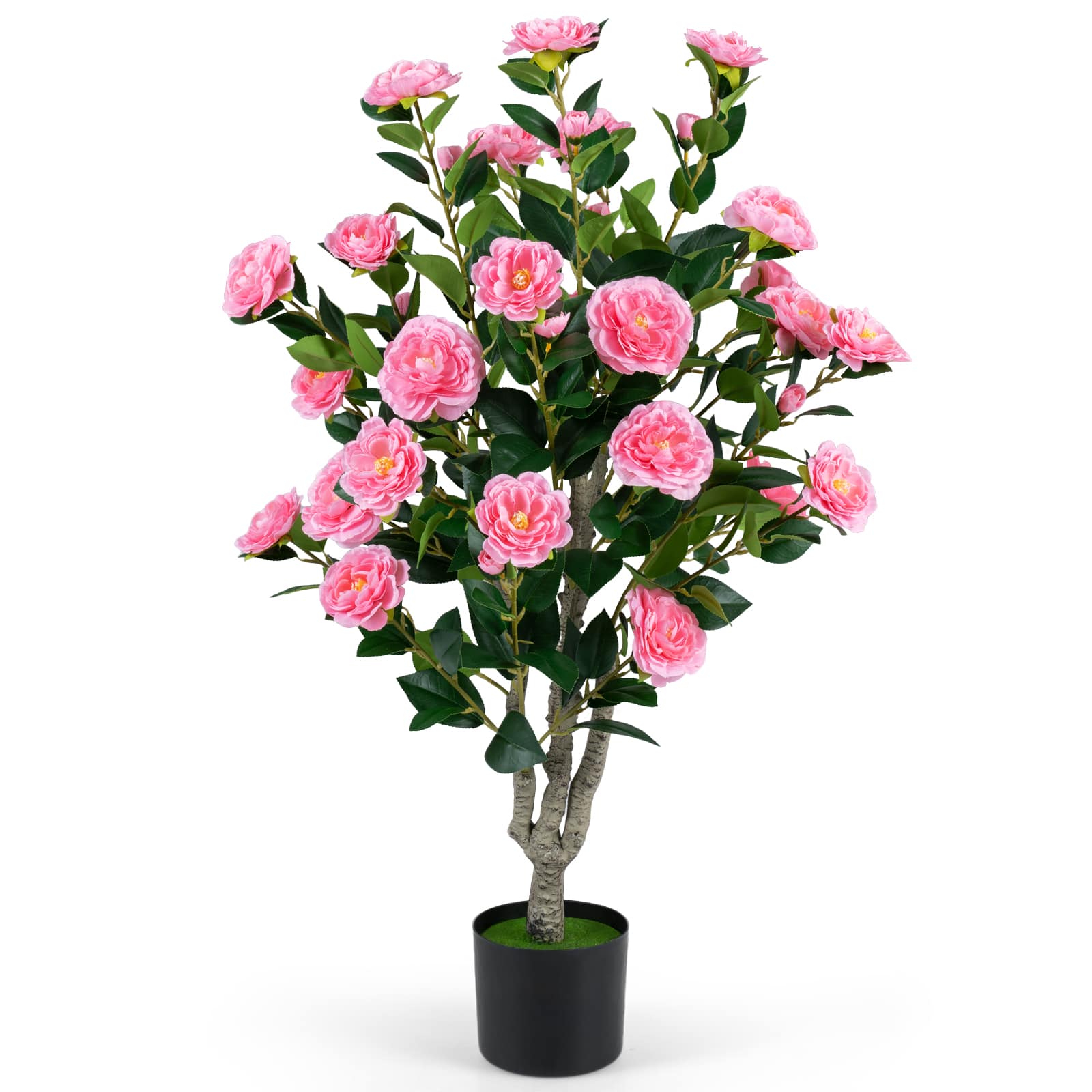 "Costway - 39.5"" Artificial Camellia Tree, Faux Flower Plant Tree in Cement-Filled Pot - Pink & Green & Black" price history on PriceWatchPro