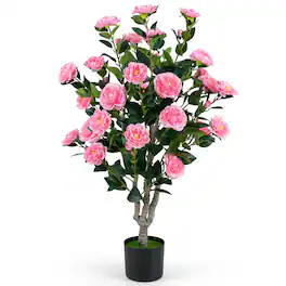 Costway - 39.5" Artificial Camellia Tree, Faux Flower Plant Tree in Cement-Filled Pot - Pink & Green & Black