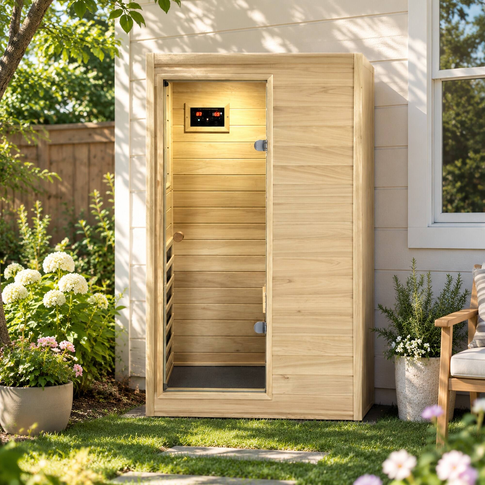 Alt View 2. RYHNUYNE - Far Infrared Sauna Room, European Aspen Wood, 5 Heating Panels, 905W, Digital Display, Bluetooth Speaker, Home Spa - Natural Wood.