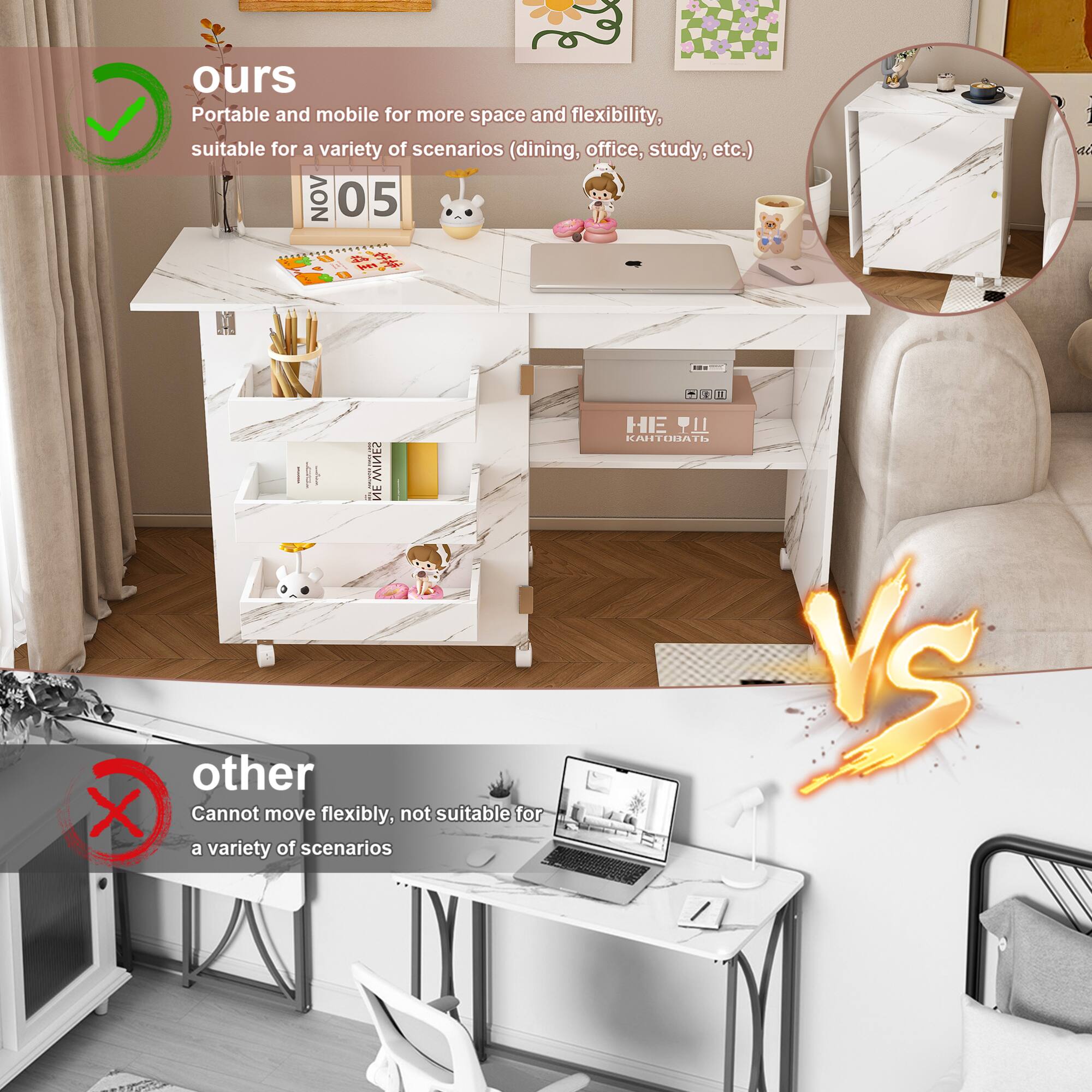 **ours**  
Portable and mobile for more space and flexibility, suitable for a variety of scenarios (dining, office, study, etc.)

**other**  
Cannot move flexibly, not suitable for a variety of scenarios