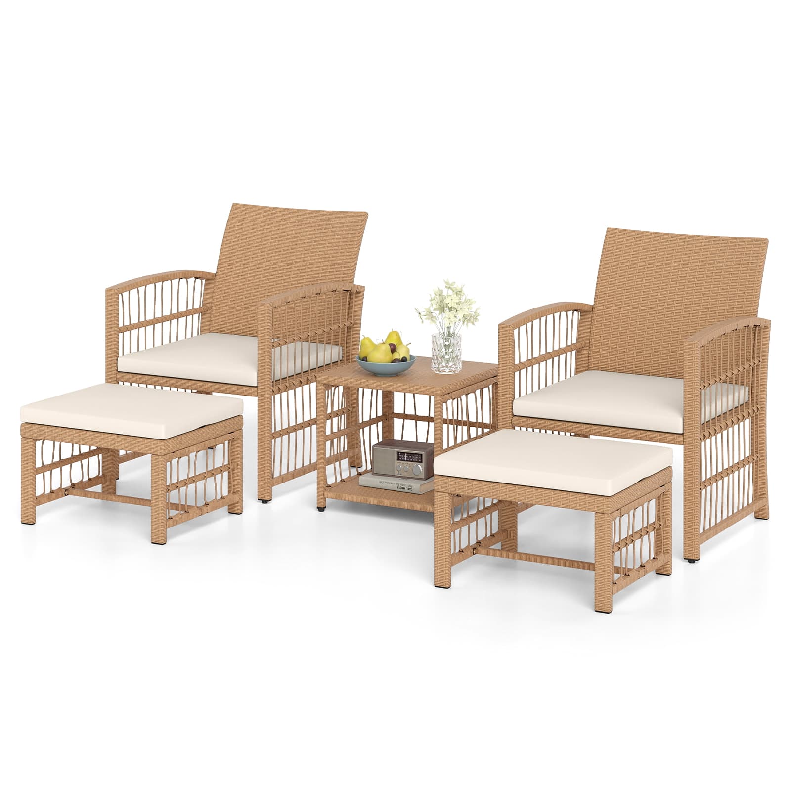 Gymax - Set of 5 Patio Conversation Set PE Rattan Balcony Furniture Set w/ Cushions Natural - White