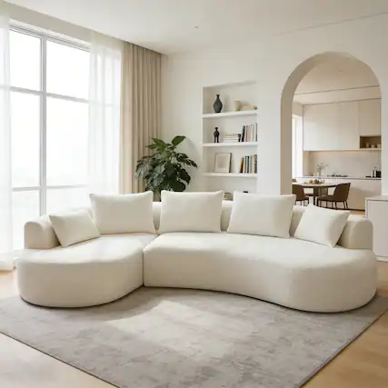 Front. Dyonery - 122" Modern Curved Sectional Sofa with Chaise, Boneless Couch with 5 Throw Pillows for Living Room - Beige.